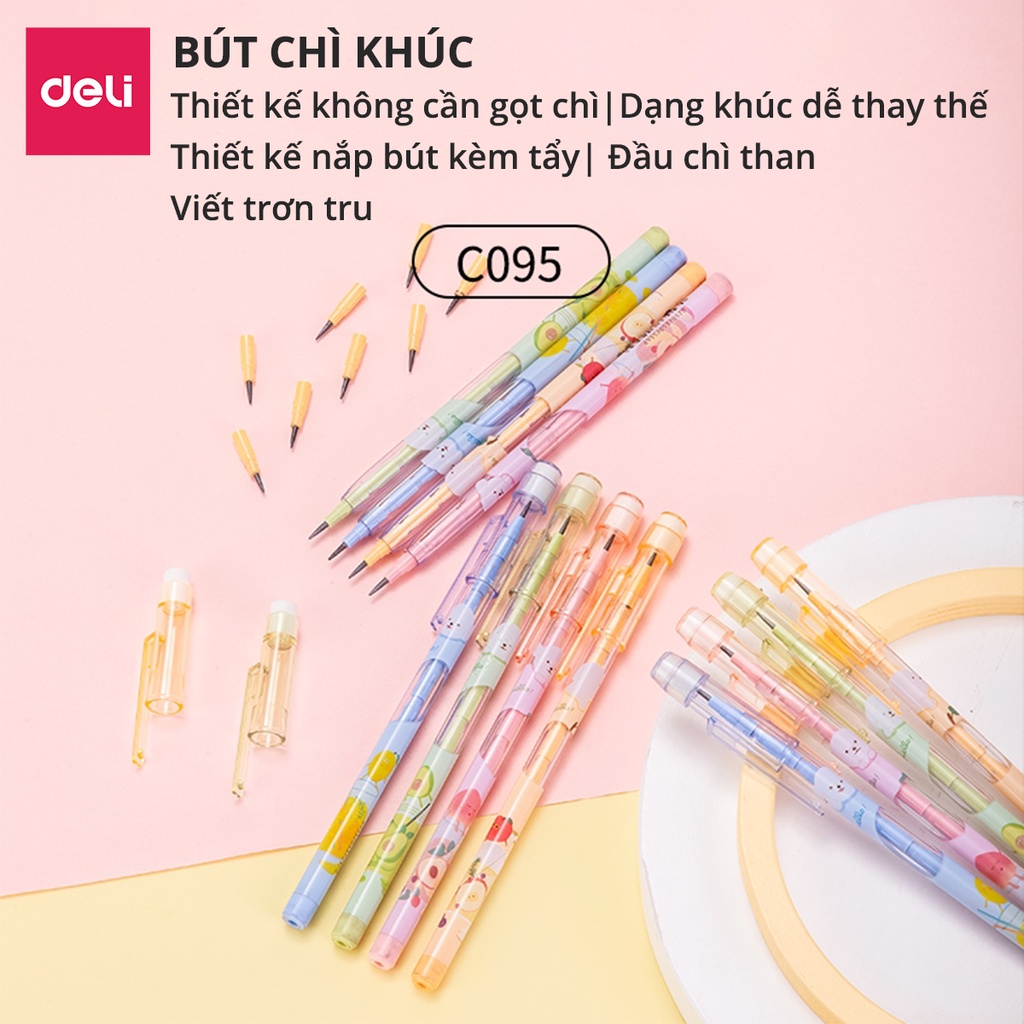Bút chì khúc học sinh HB Deli kèm đầu tẩy màu ngẫu nhiên có thể thay thế ngòi, an toàn cho trẻ em khi sử dụng