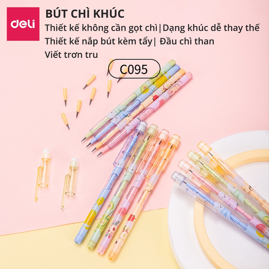 Bút chì khúc học sinh HB Deli kèm đầu tẩy màu ngẫu nhiên có thể thay thế ngòi, an toàn cho trẻ em khi sử dụng CC095