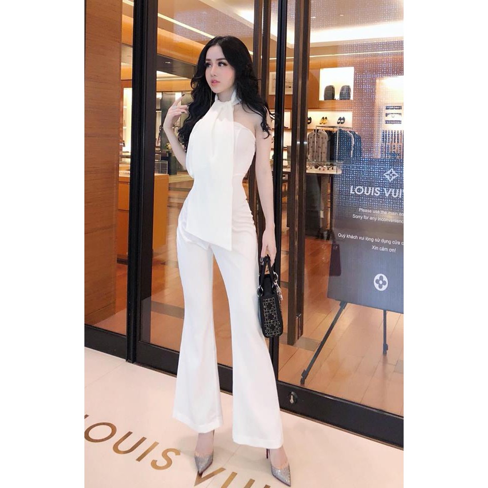 Jumsuit dài kiểu cúp ngực ống rộng dây cổ trước