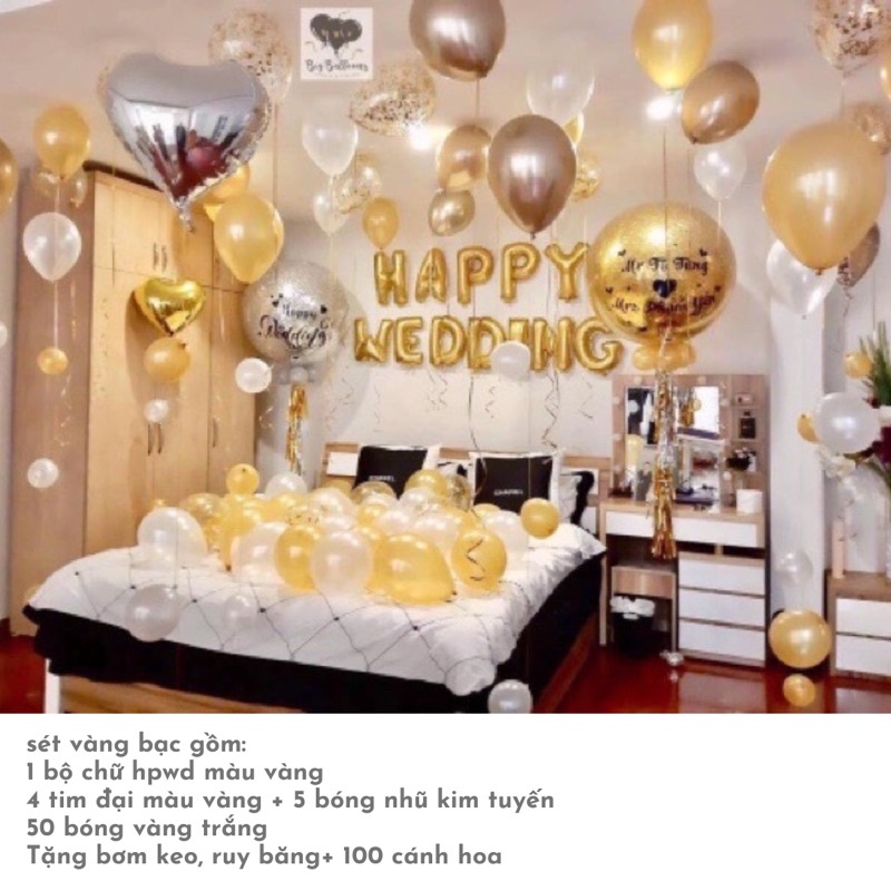 [XU HƯỚNG] Sét Bóng Trang Trí Phòng Cưới Màu Trắng Bạc Tinh Tế [ Tặng Phụ Kiện]