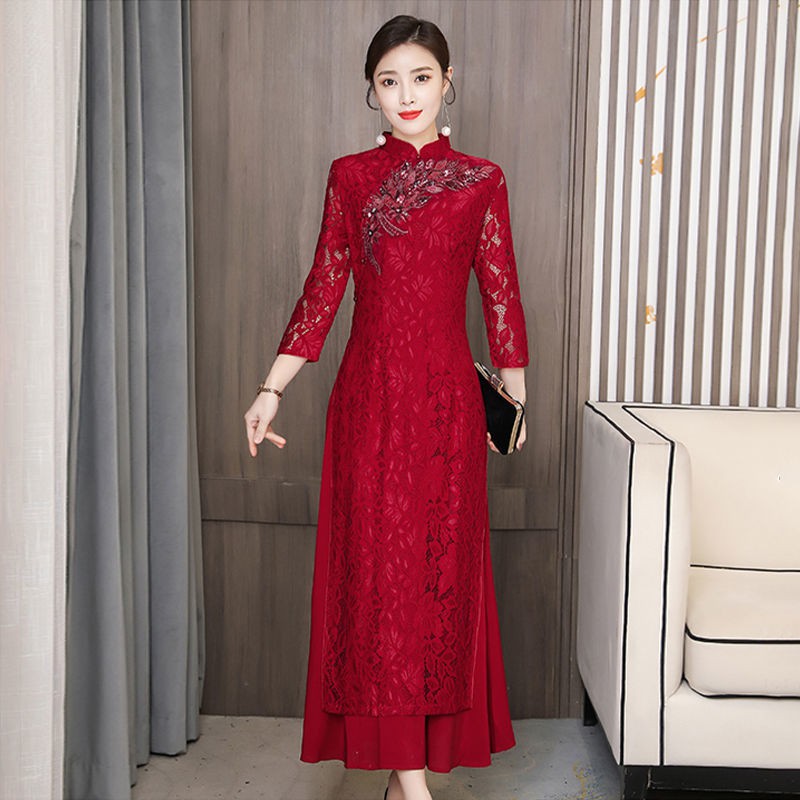 Rẻ và đẹp◈♈Retro cải tiến AUDA SEONGSAM Mẹ, mùa xuân, hè mới thêu ren, váy cưới anh rể, phụ nữ