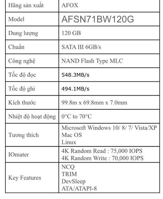 [Mã ELMS05 giảm 5% đơn 300k]SSD AFOX 120G CHÍNH HÃNG 2.5IN Sata 3 | BigBuy360 - bigbuy360.vn