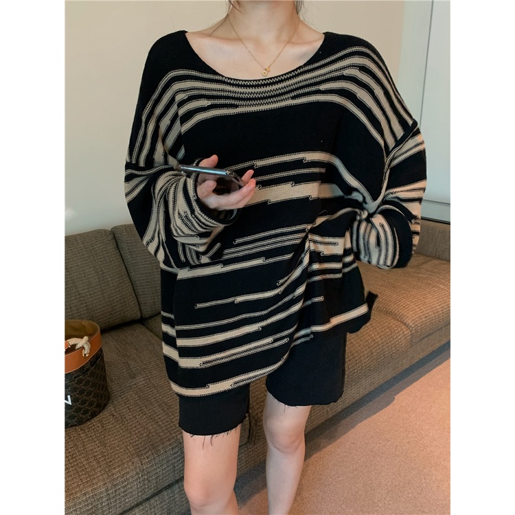 Striped sweater women's fashion retro chic loose lazy style Pullover Jacket