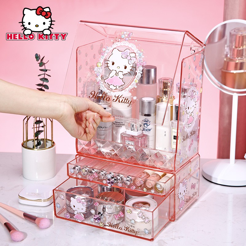 nổi tiếng❁❡Hộp bảo quản mỹ phẩm Hello kitty nhựa trong suốt để bàn đựng son môi mặt nạ