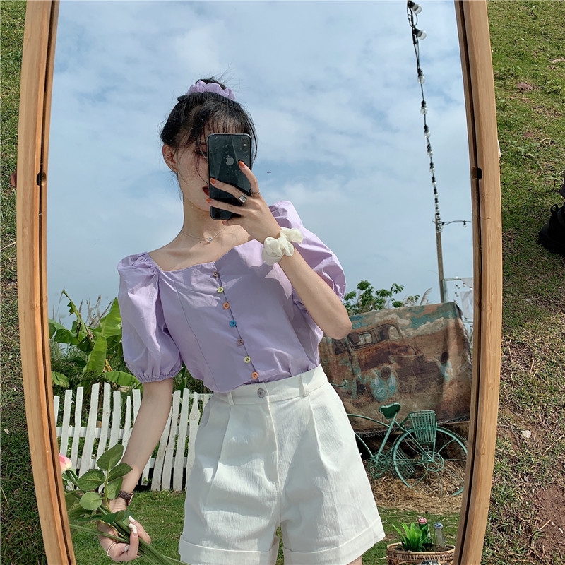 Áo hở vai áo kiểu nữ tay phồng ngắn cổ vuông màu tím dễ thương điệu đà sang chảnh thời trang 2020 | BigBuy360 - bigbuy360.vn