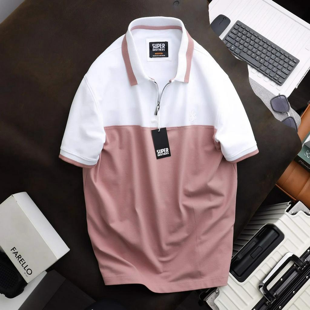 Áo polo nam phối thân với khóa zip trẻ trung , chất vải cá sấu cotton 4 chiều cao cấp , form slim fit trẻ trung