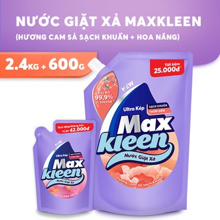 Combo Túi Nước Giặt Xả MaxKleen 2.4Kg Cam Sả Sạch Khuẩn + Túi Nước Giặt Xả 600g Hoa Nắng