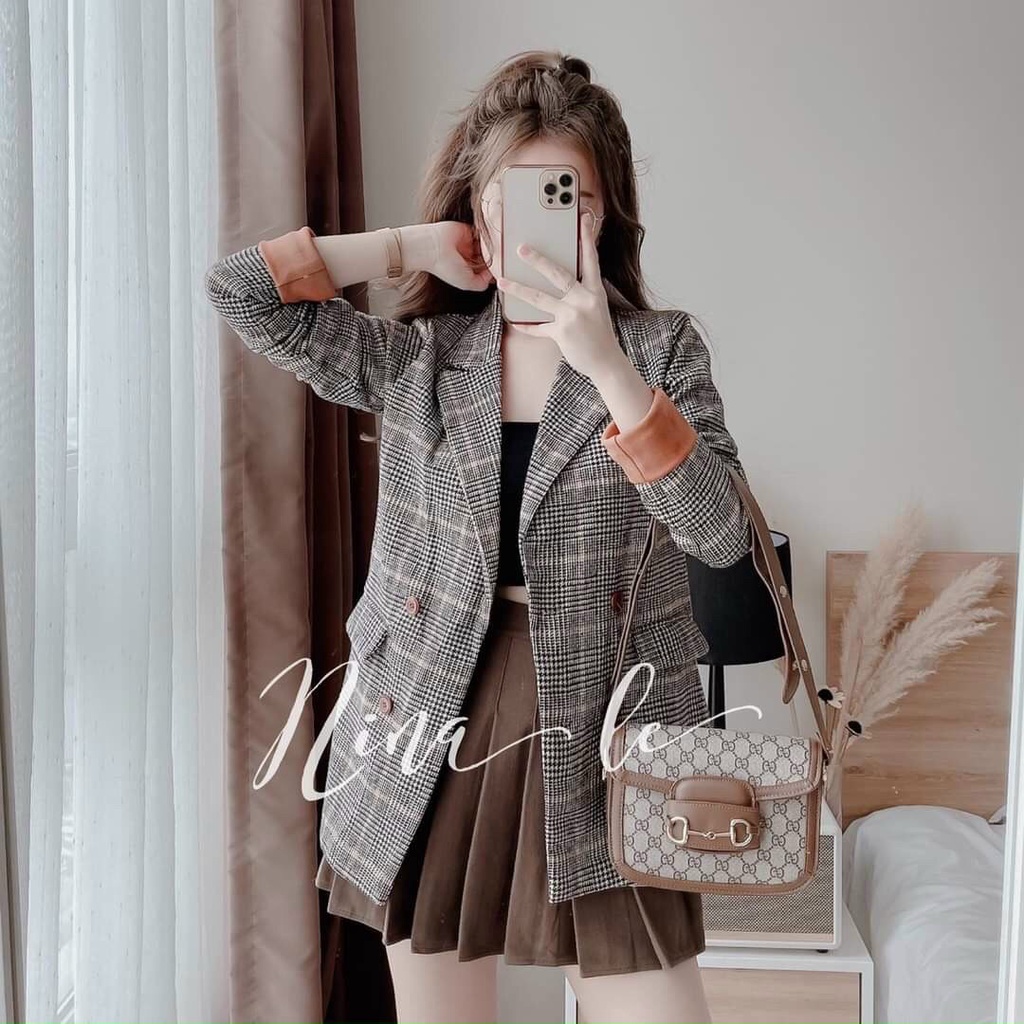 Áo khoác dạ nữ cao cấp, Áo khoác blazer dạ kẻ 2 lớp tay gập pha be