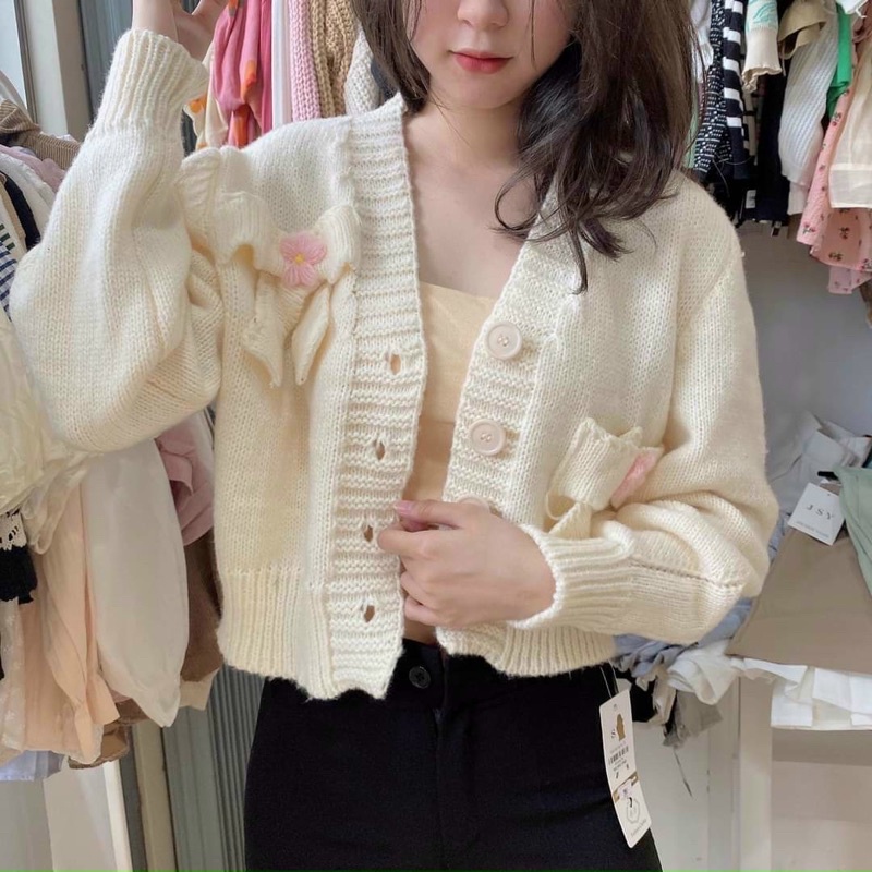 Áo cadigan len nơ trắng hồng siêu cưng, len Quảng dày dặn