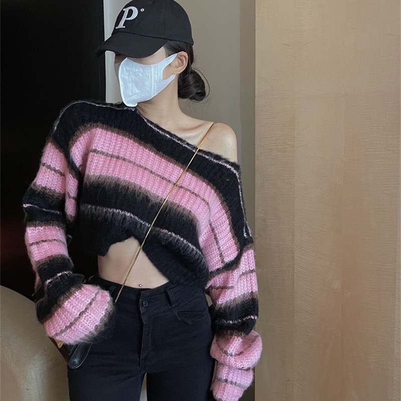 Áo Sweater Tay Dài Trễ Vai Hoạ Tiết Kẻ Sọc Thời Trang Mùa Thu Cho Phái Nữ