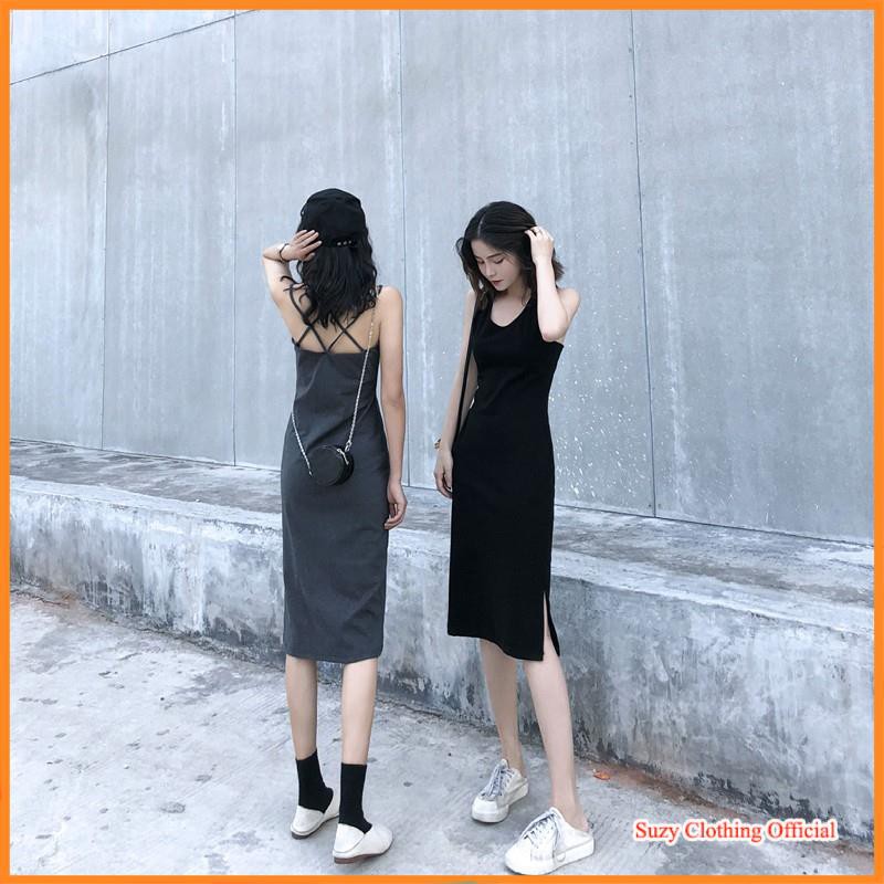 Váy Thun Cotton Cổ V Sát Nách Dáng Dài Ulzzang | BigBuy360 - bigbuy360.vn
