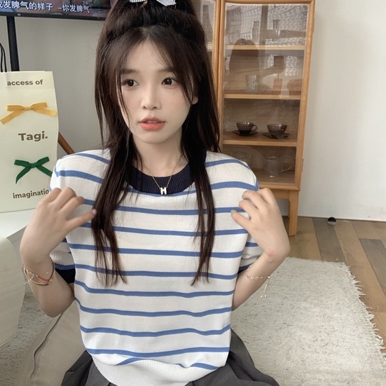 Áo thun dệt kim ZHELIHANGFEI ngắn tay họa tiết kẻ sọc phong cách thời trang dễ phối đồ