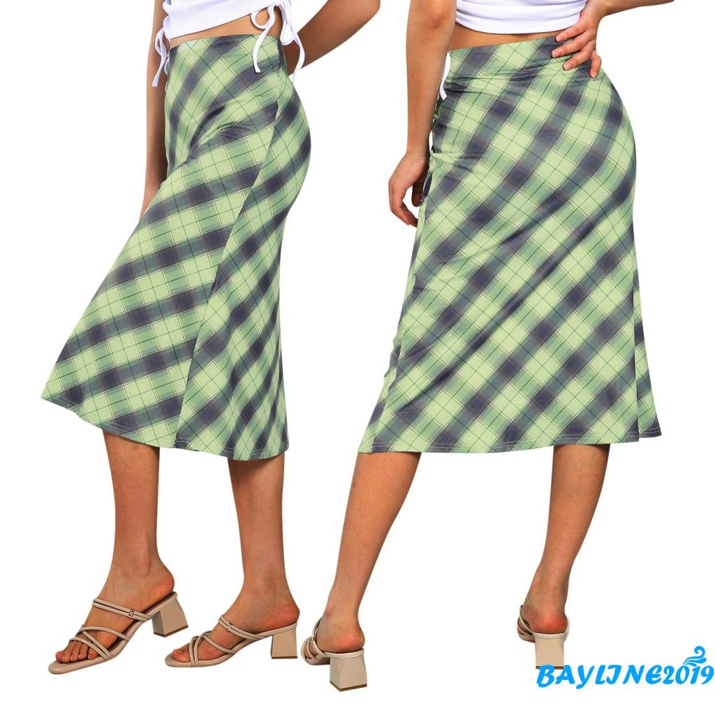 BAY-Women´s Bodycon Midi Skirts, Plaid Print High Waist Knee Length Stretch Long Skirt