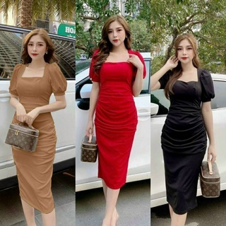 Đầm Body Xếp Ly Cổ Vuông Tay Voan Hàng Thiết Kế Sang Trọng - YB210618