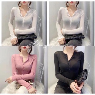 Áo Thun Xước Cúc Cài VERTICAL Nữ 🦋 Áo Phông Giấy Dài Tay Trơn 5 Màu 🦋