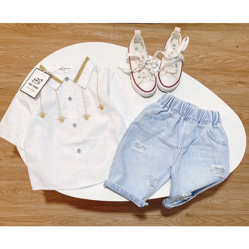 Set sơ mi thêu + quần jean rách siêu hot cho bé 12-22kg