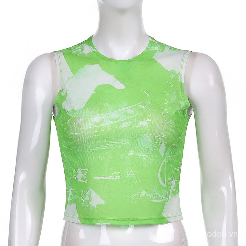 Áo Tank Top Lưới Xuyên Thấu Họa Tiết In Thời Trang Nữ