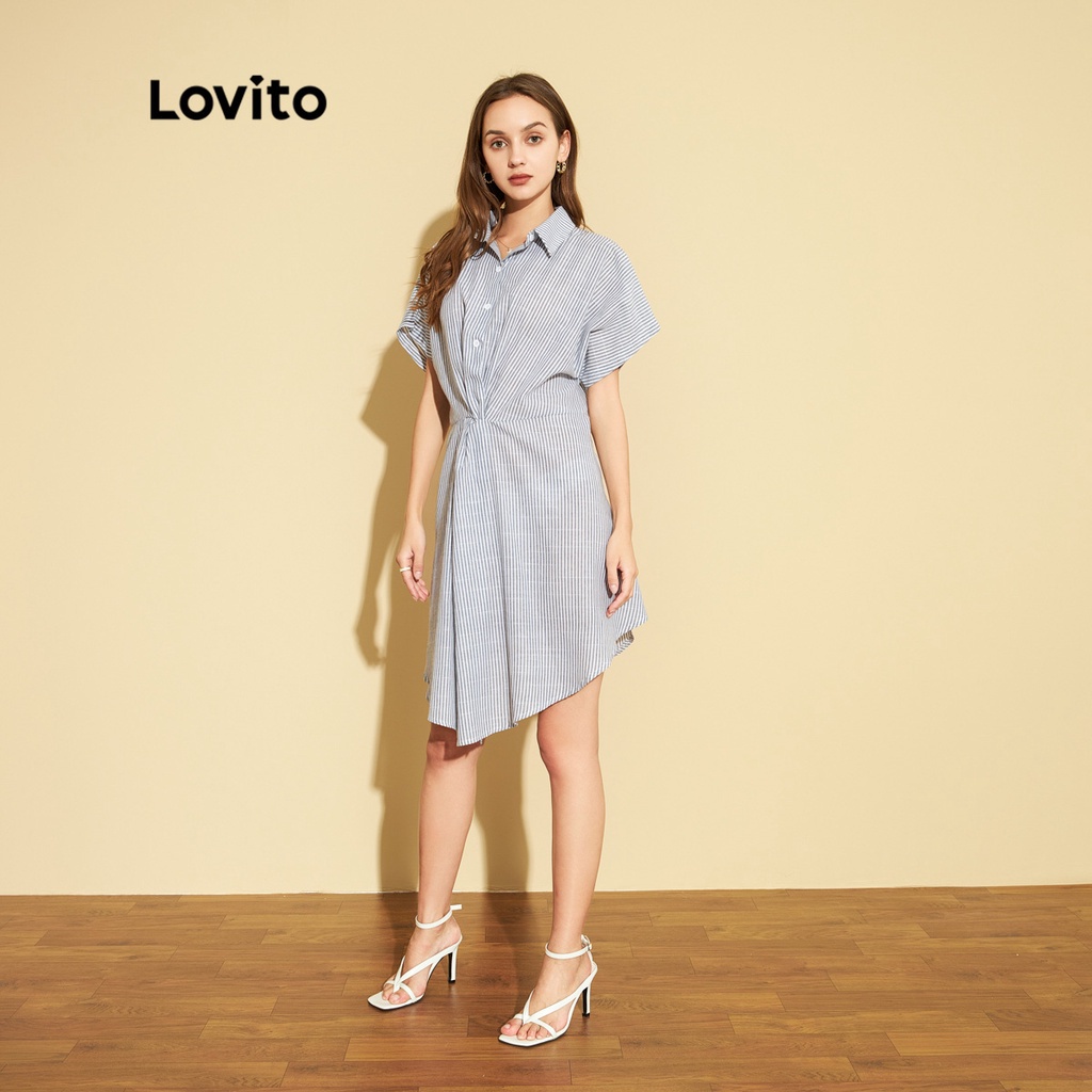Đầm Lovito cảm giác mát mẻ thắt nút họa tiết sọc màu trơn thường ngày L25ED032 (màu xanh dương nhạt)