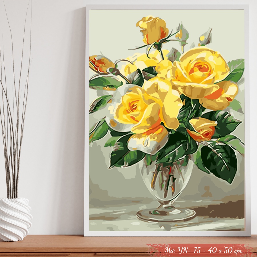 Tranh Sơn Dầu Số Hóa Tự Tô Màu Theo Số Mẫu Hoa - YN75 Kèm Màu Acrylic Kích Thước 40x50cm