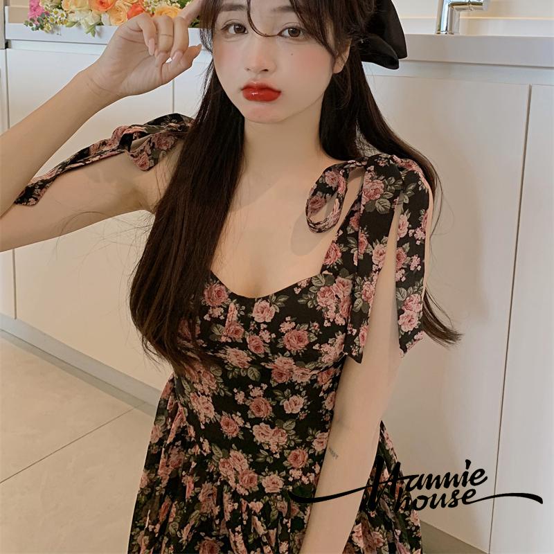 Đầm mini hai dây không tay in họa tiết hoa phối diềm xếp nếp dành cho nữ