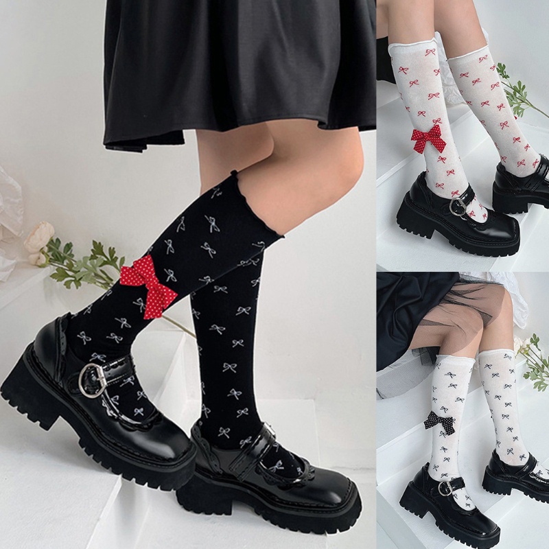 Vớ Cotton Co Giãn Phối Bèo Đính Nơ Họa Tiết Chấm Bi Phong Cách Lolita Dễ Thương Cho Nữ