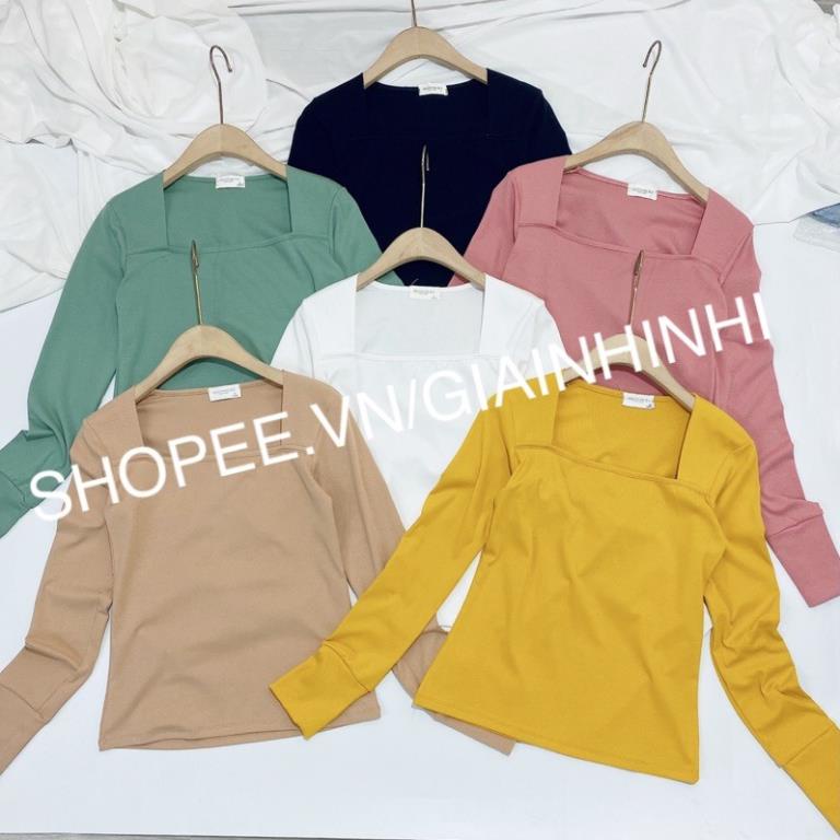 Áo kiểu cổ vuông dài tay xỏ ngón, Áo thun dài tay cổ vuông vải cotton co giãn CS1331  - NhiNhiShop  ྇