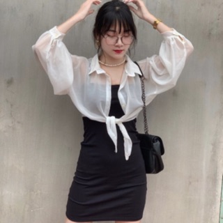 Set áo voan phối đầm dây ôm body