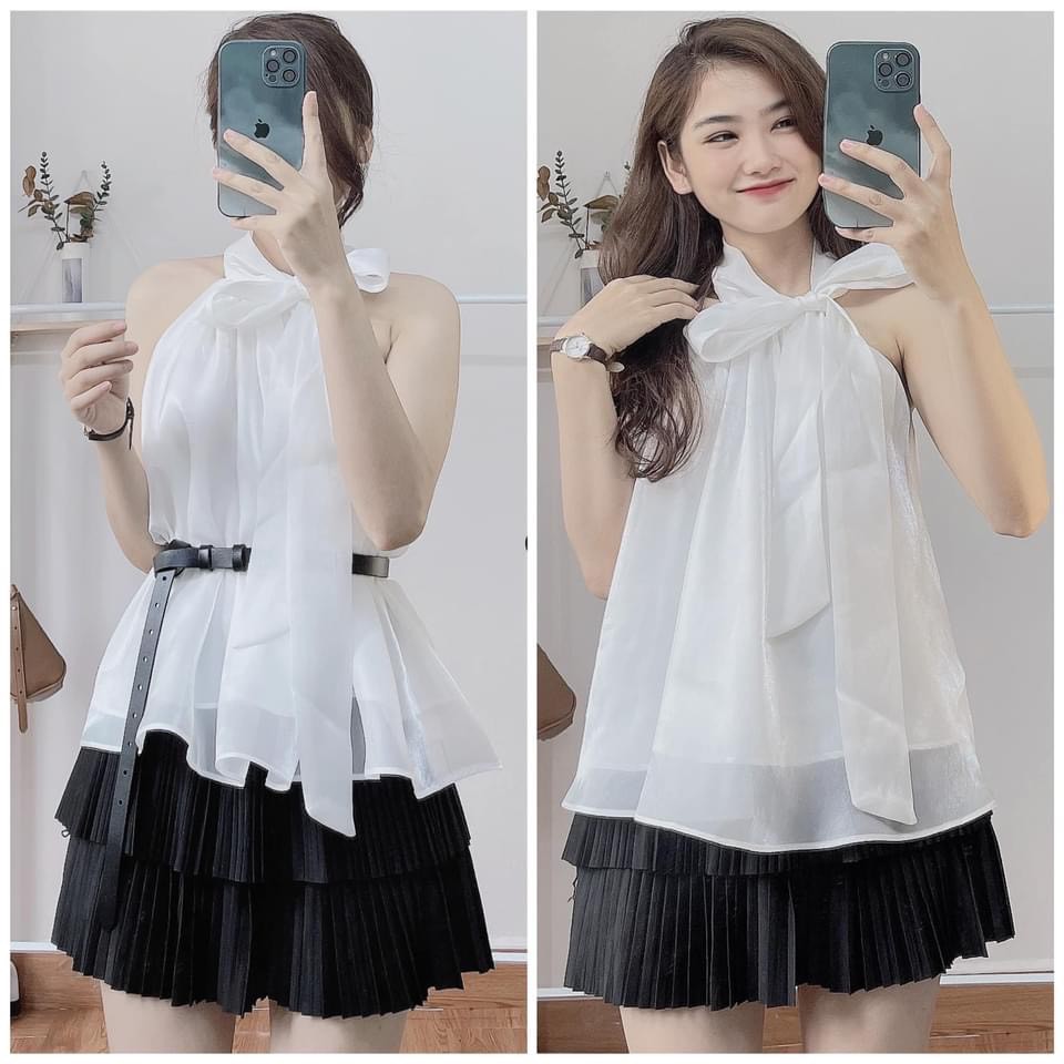 HÀNG SẴN] ÁO YẾM VOAN TƠ 2 lớp kèm dây thắt tiểu thư hàng thiết kế mềm mịn