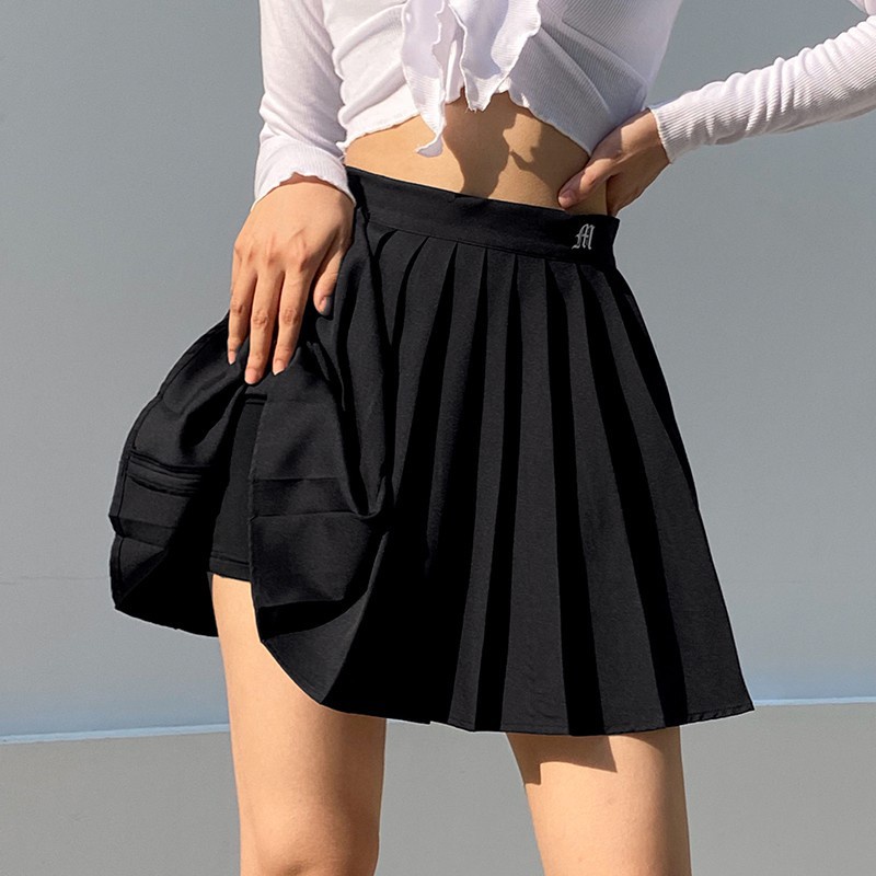 Chân váy xếp ly phong cách âu mỹ tennis trắng đen trơn ngắn nữ họa tiết thêu hè 2021 Ycv9