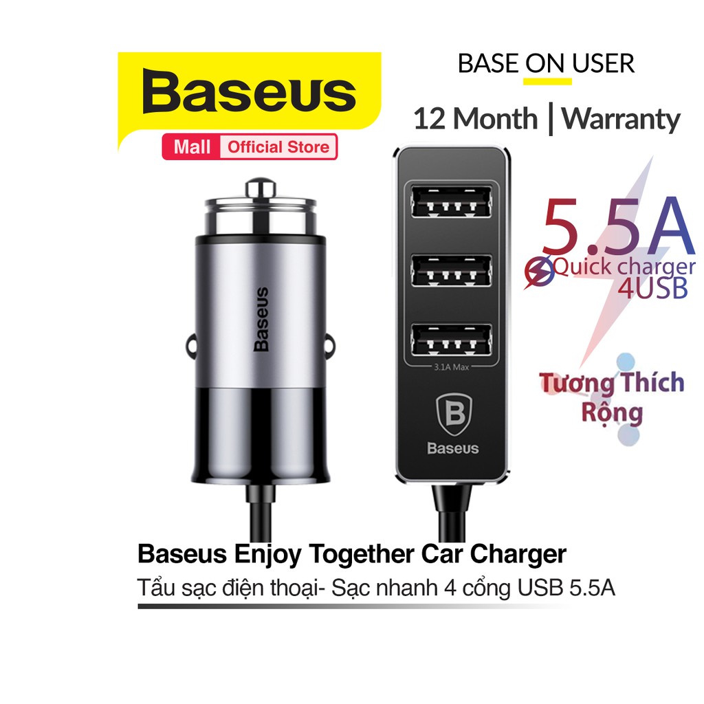 Tẩu sạc xe ôtô Baseus Enjoy Together Car Charger 4 cổng USB sạc nhanh 5V/5.5A Max cho điện thoại và máy tính bảng