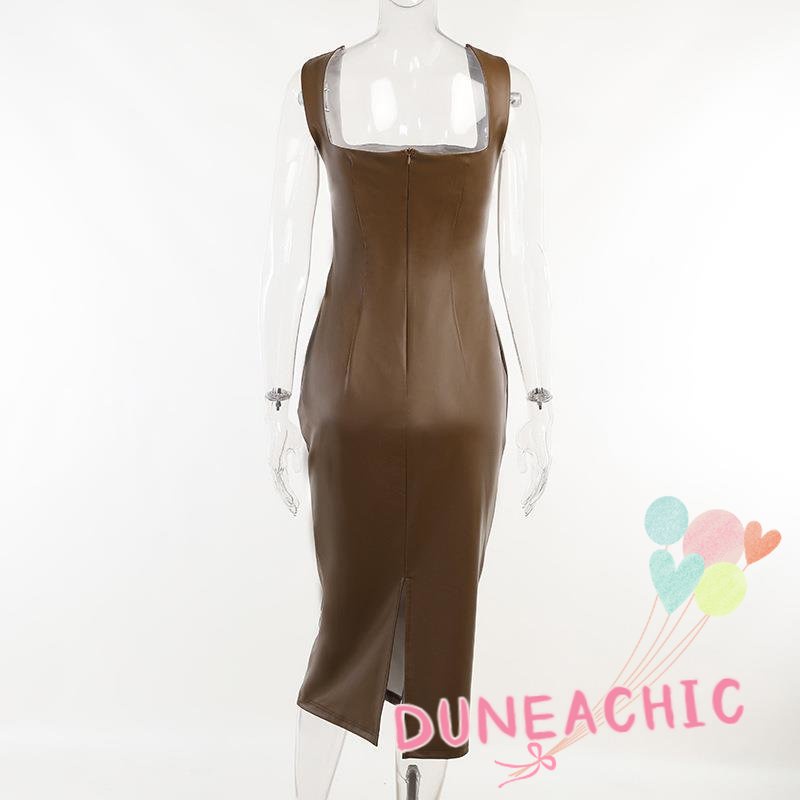 DUNEA Đầm da pu không tay xẻ tà phong cách đường phố cá tính cho nữ