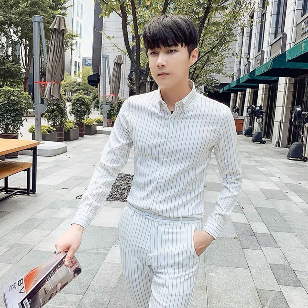 áo sơ mi nam trắng đen kẻ sọc dài tay kiểu mới hàn quốc cao cấp công sở , vải lụa trơn không nhăn co giãn nhẹ