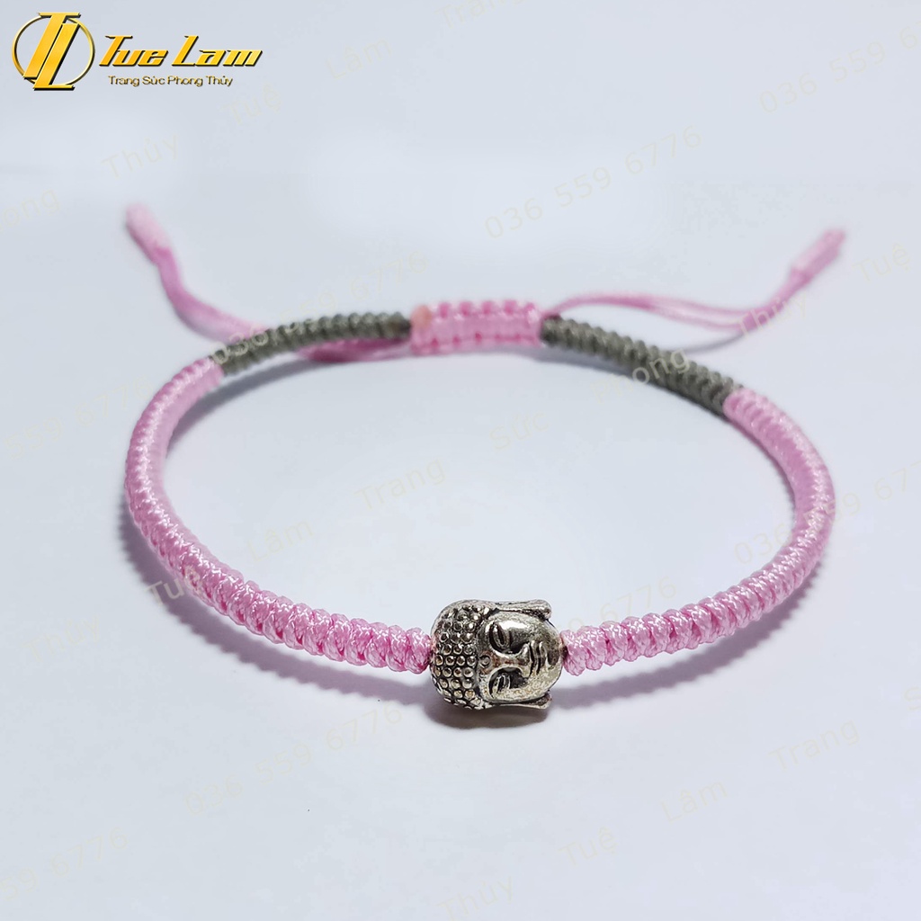 Vòng tay chỉ may mắn màu hồng bện handmade kiểu tây tạng mặt phật nhỏ bình an - Tuệ Lâm