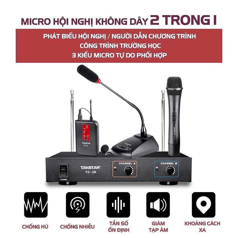 Mic Không Dây VHF Takstar TC-2R Cầm Tay/Cổ Ngỗng/Cài Ve Áo/Cài Đầu Chính Hãng Cao Cấp Bảo Hành 1 Năm