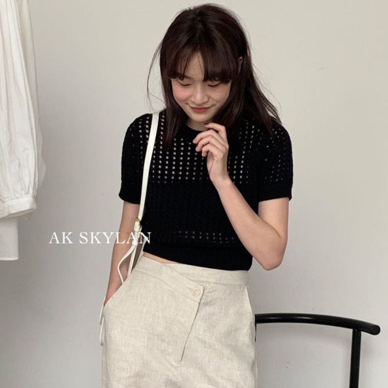 Áo Len Tay Ngắn Khoét Lỗ  Áo Croptop Kiểu Dáng Ngọt Ngào Phong Cách Retro