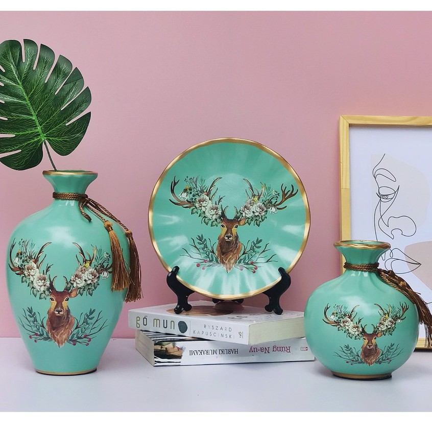 Bộ Lọ Decor 3 Món Bình Hút Lộc Trang Trí Tặng Kèm Kệ Đĩa Dây Buộc