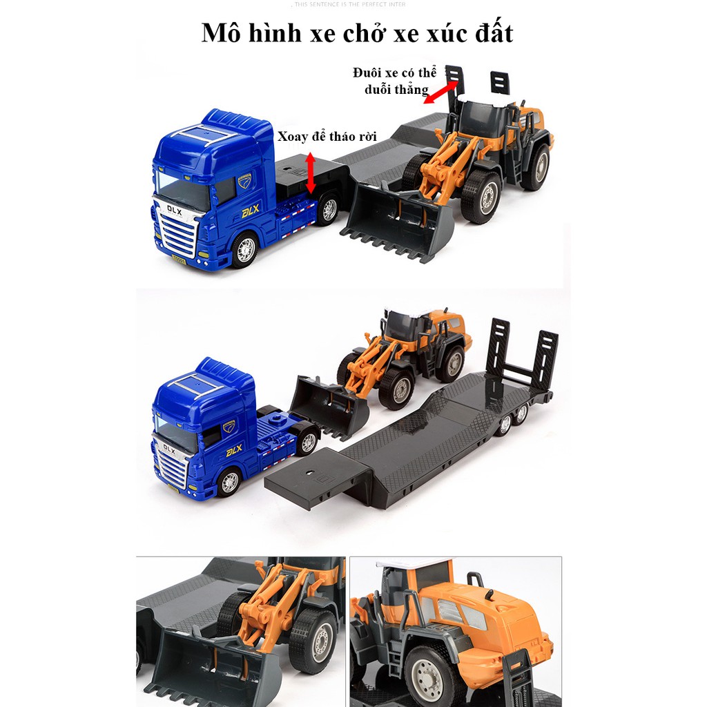 Đồ chơi mô hình đầu kéo chở xe xúc đất (gồm 2 xe) nhựa ABS an toàn, chi tiết sắc sảo, kích thước lớn