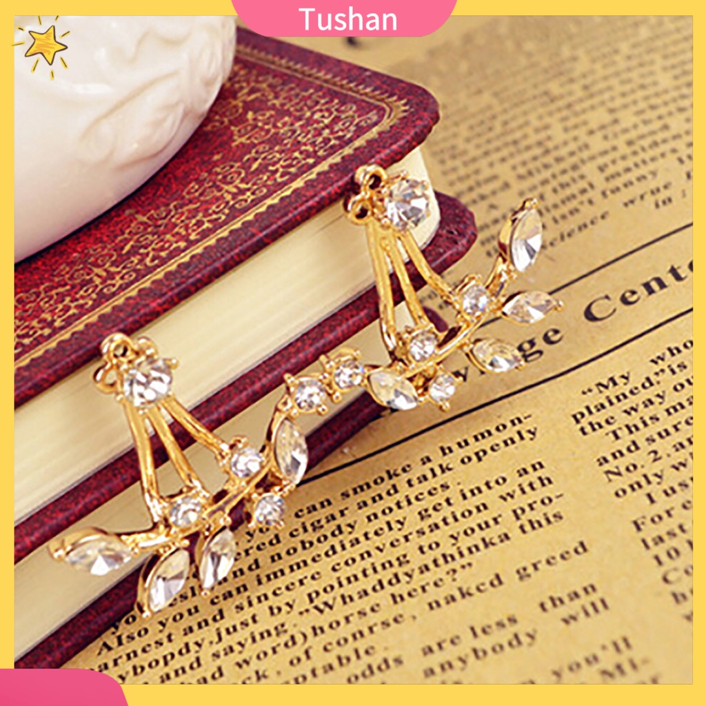 Khuyên tai hình lá cây đính đá phong cách cổ điển