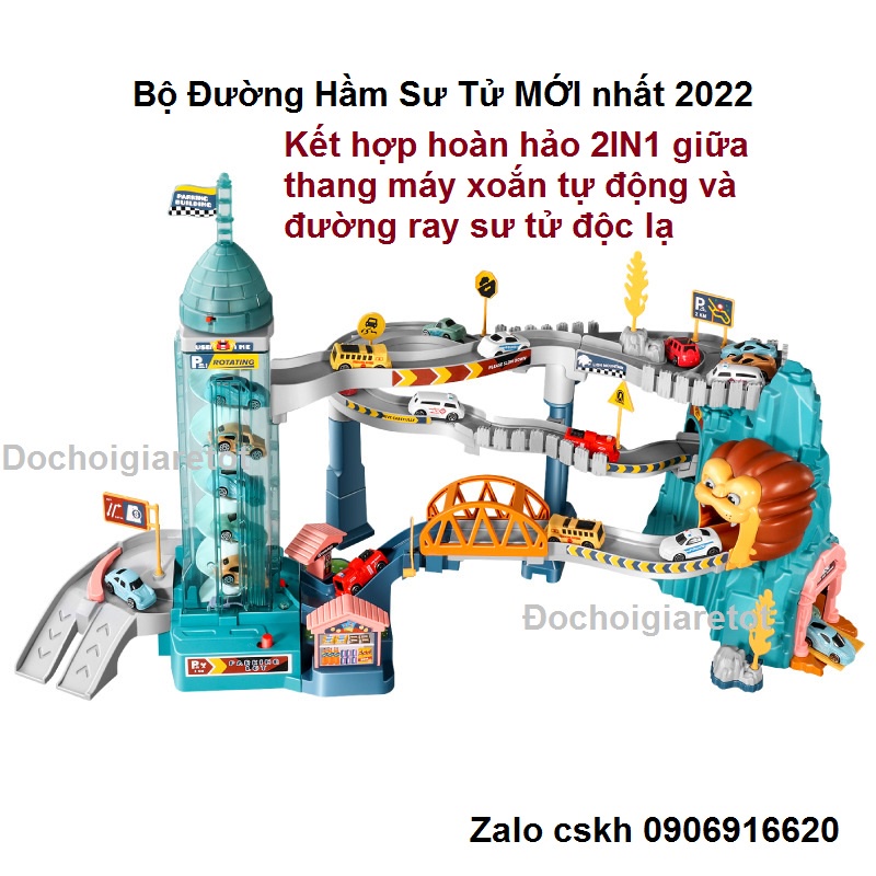 Đồ chơi bãi xe đường hầm sư tử ô tô chạy tự động phát nhạc có thang xoắn, có đèn phát sáng (ảnh thật)