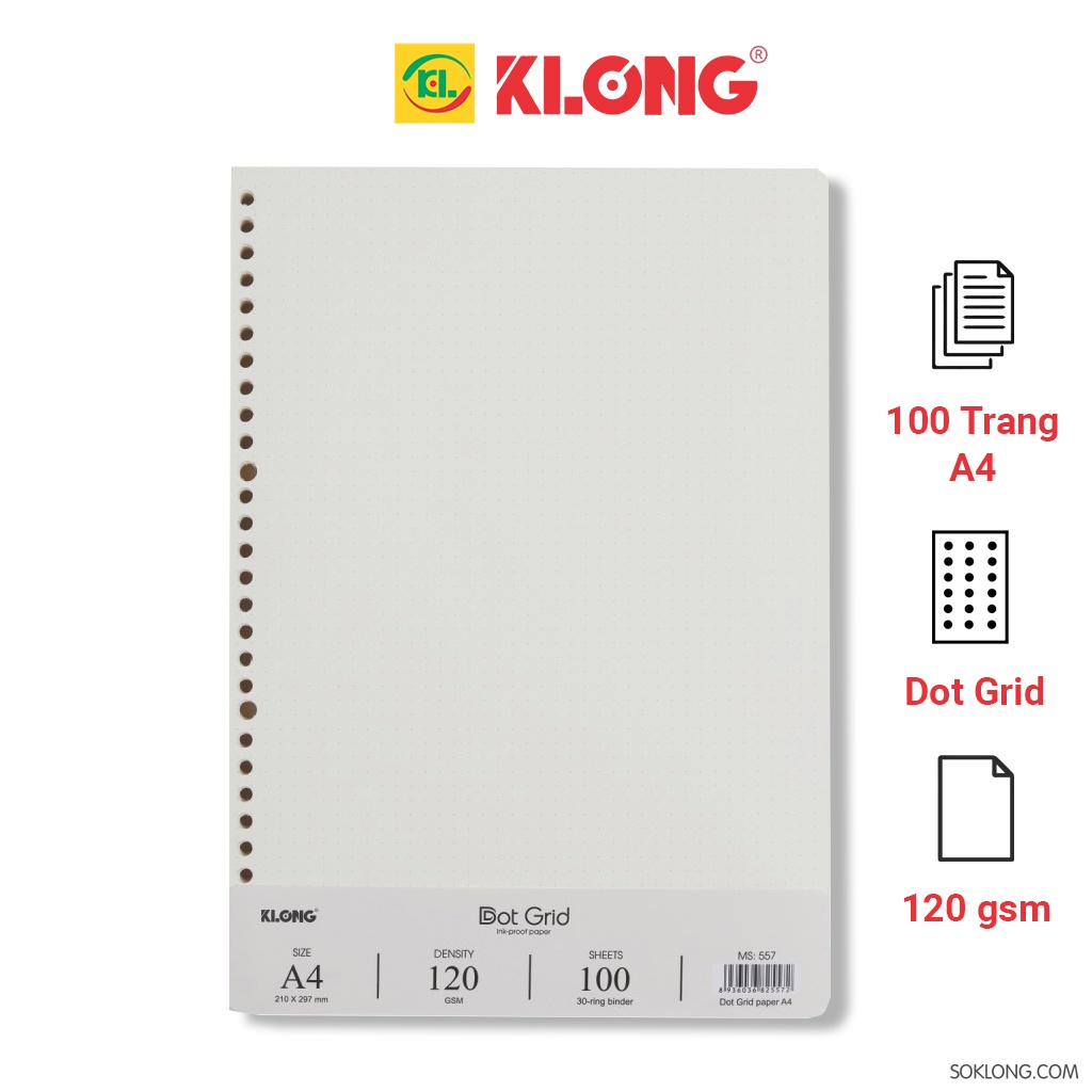 Ruột sổ còng A4 gồm 100 tờ caro/dotgrid định lượng cao MS 556 - 557, giấy refill binder Klong