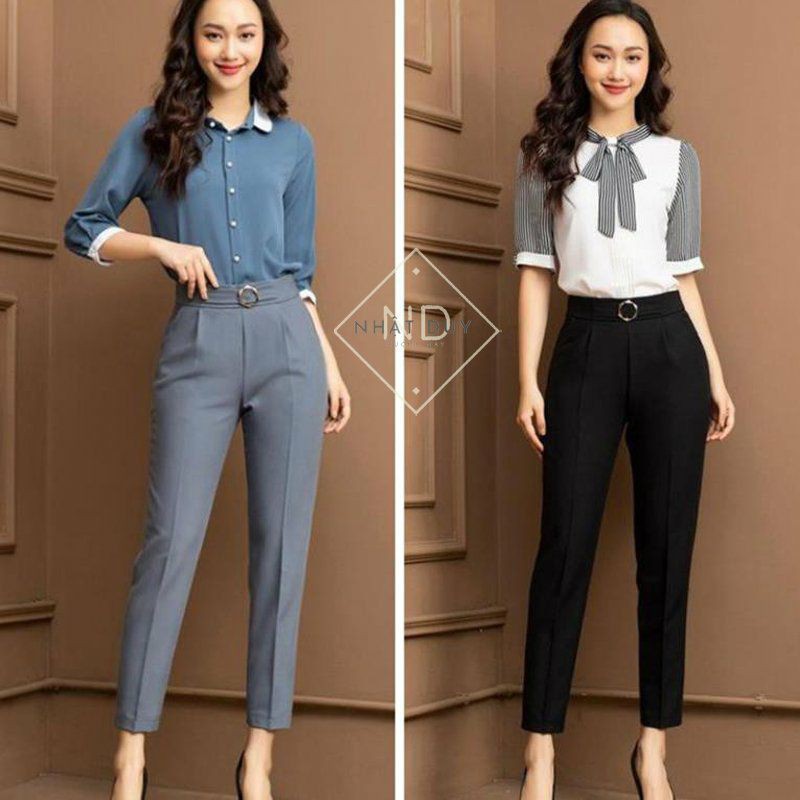 Quần tây nữ công sở lưng cao khóa sườn - Chất vải tuyết mưa mềm mịn - Phối đai cực xinh - 2 Màu Đen và Xám