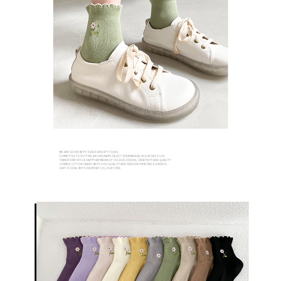 Tất cổ cao nữ Vớ nữ dài cao cổ cotton dễ thương thêu hình hoa Hàn Quốc
