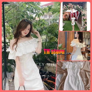 Váy trắng trễ vai, đầm trắng trễ vai vai bèo kèm ảnh thật