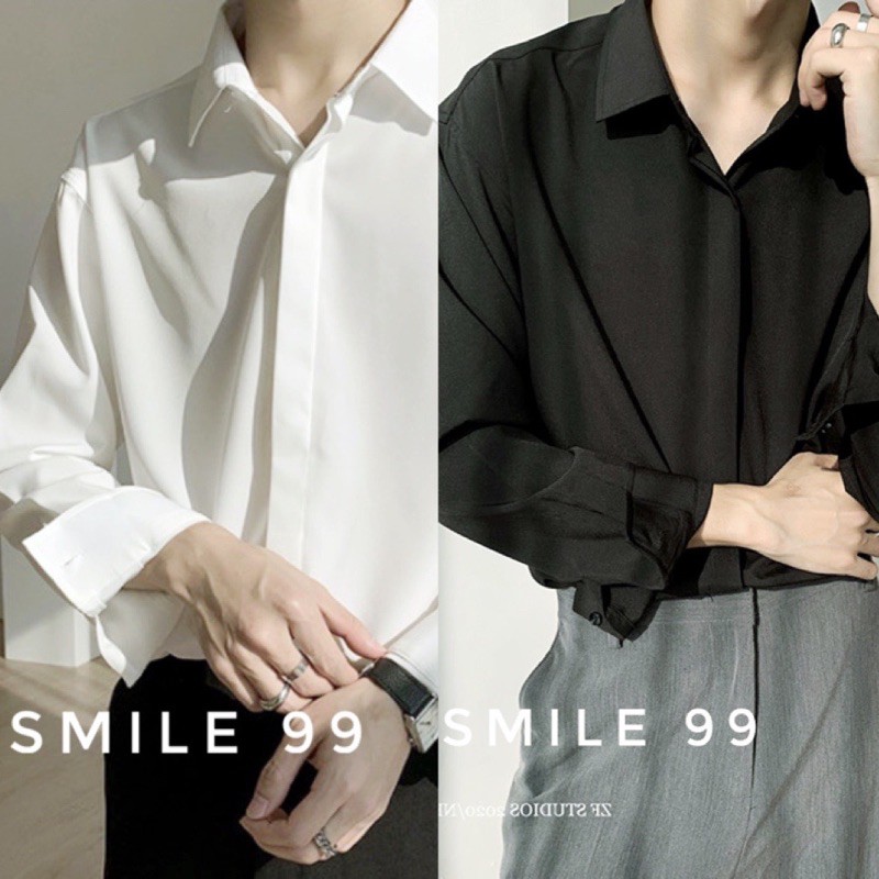ÁO SƠ MI BASIC TRẮNG ĐEN TAY DÀI NAM NỮ UNISEX MR SMILE 99 SHOP | BigBuy360 - bigbuy360.vn