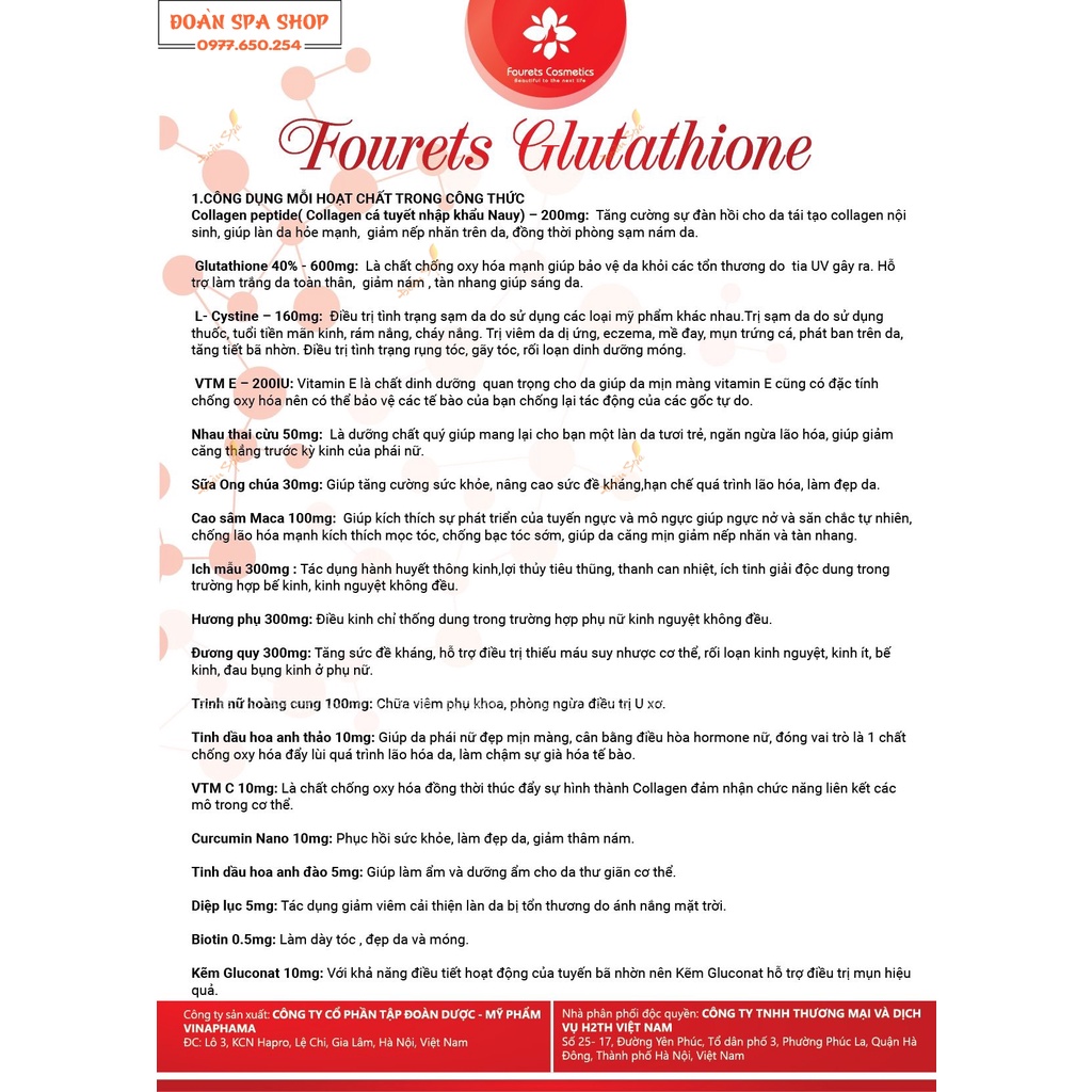 Viên uống trắng da FOURETS GLUTATHIONE Fourets Cosmetics