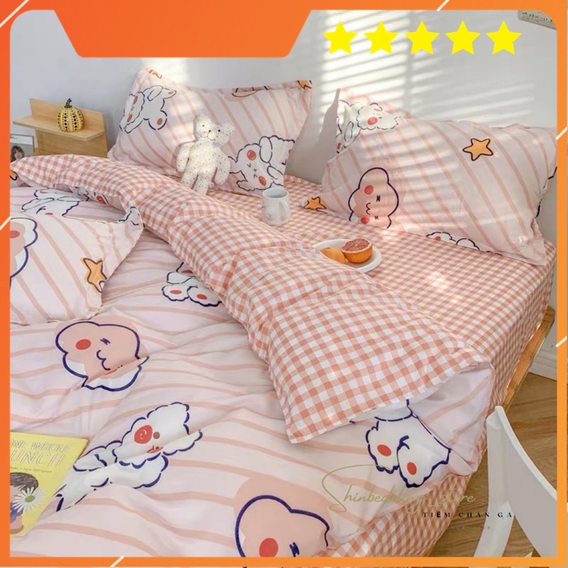 Set Chăn Ga Thỏ Mây Nền Hồng Cam Cotton Poly Thoáng Mát Hàng Xuất Nhật