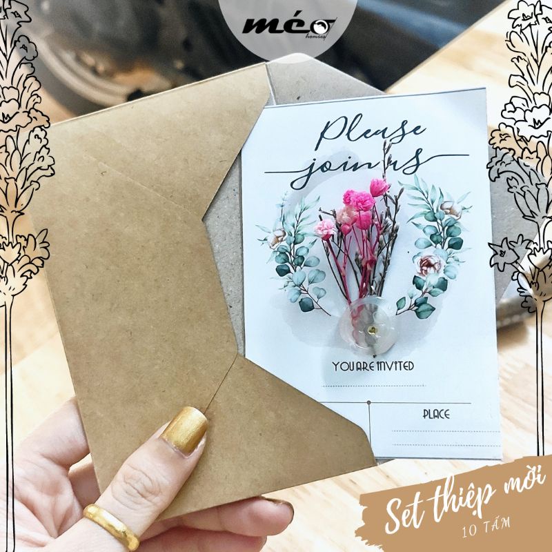 Set 10 THIỆP MỜI HOA KHÔ Mini + dấu sáp mời dự tiệc sinh nhật, lễ kỉ niệm, sự kiện khai trương, party ăn mừng