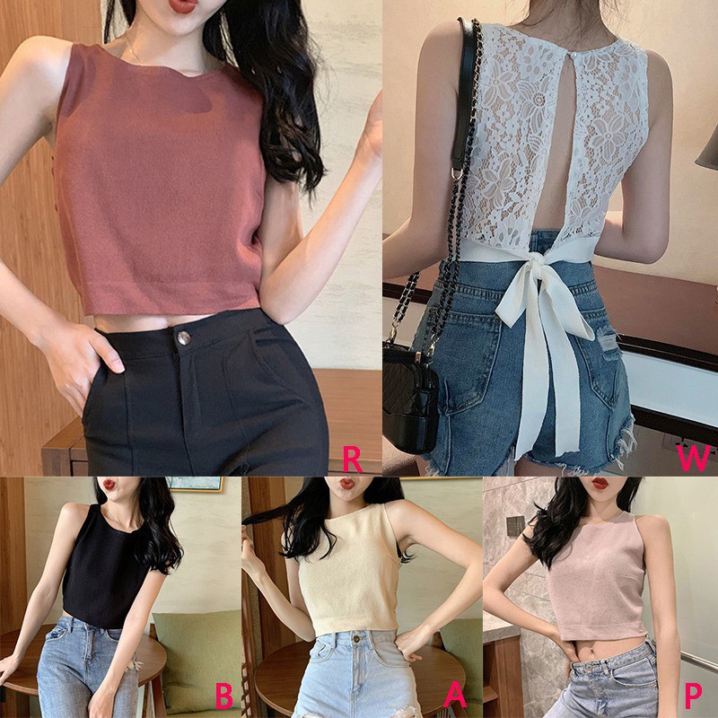 Áo sát nách phối ren hoa thiết kế hở lưng quyến rũ cho phái nữ