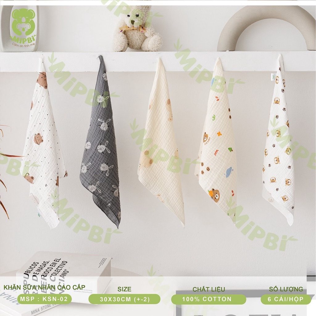 Set 6 khăn sữa xô nhăn cho bé Mipbi 30x30cm họa tiết cao cấp - Monnie Kids