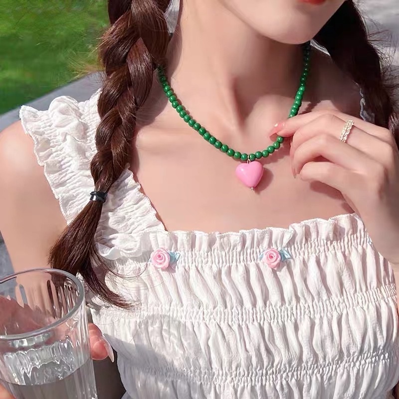 Khuyên Tai/Vòng cổ Mặt Trái Tim Hạt Màu Sắc Ngọt Ngào Phong Cách Vintage